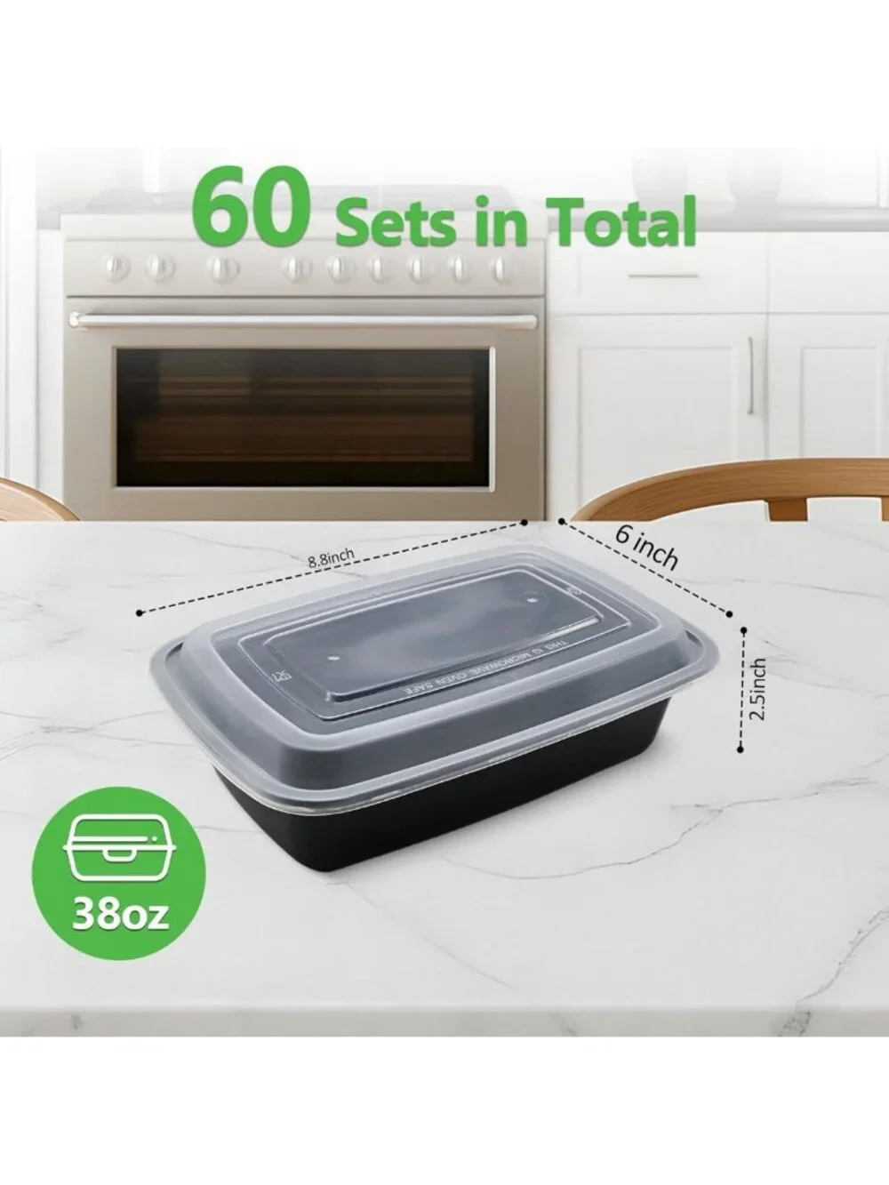 60 Pack Meal Prep Containers - 38 oz Stackable Bento Boxes, BPA-Free, Microwave